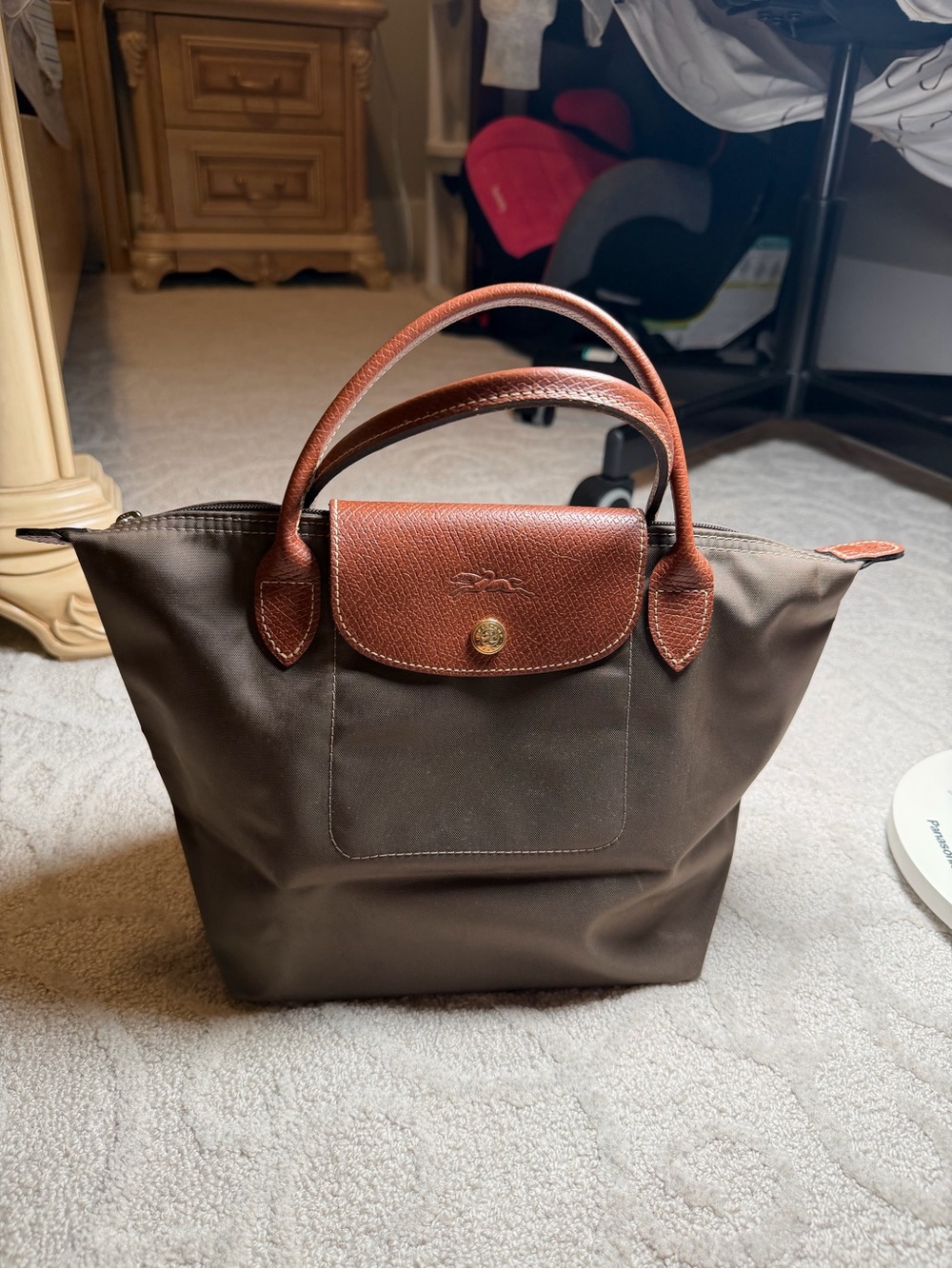 Longchamp Brown Nylon Tote with Tan Leather Trim